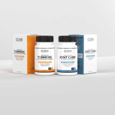 Clior Anti-Inflammatory Pack featuring Joint Care and Turmeric Curcumin bottles – natural joint support and anti-inflammatory supplement bundle.